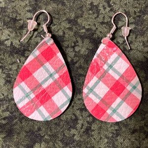 Red, white, and green plaid leather earrings